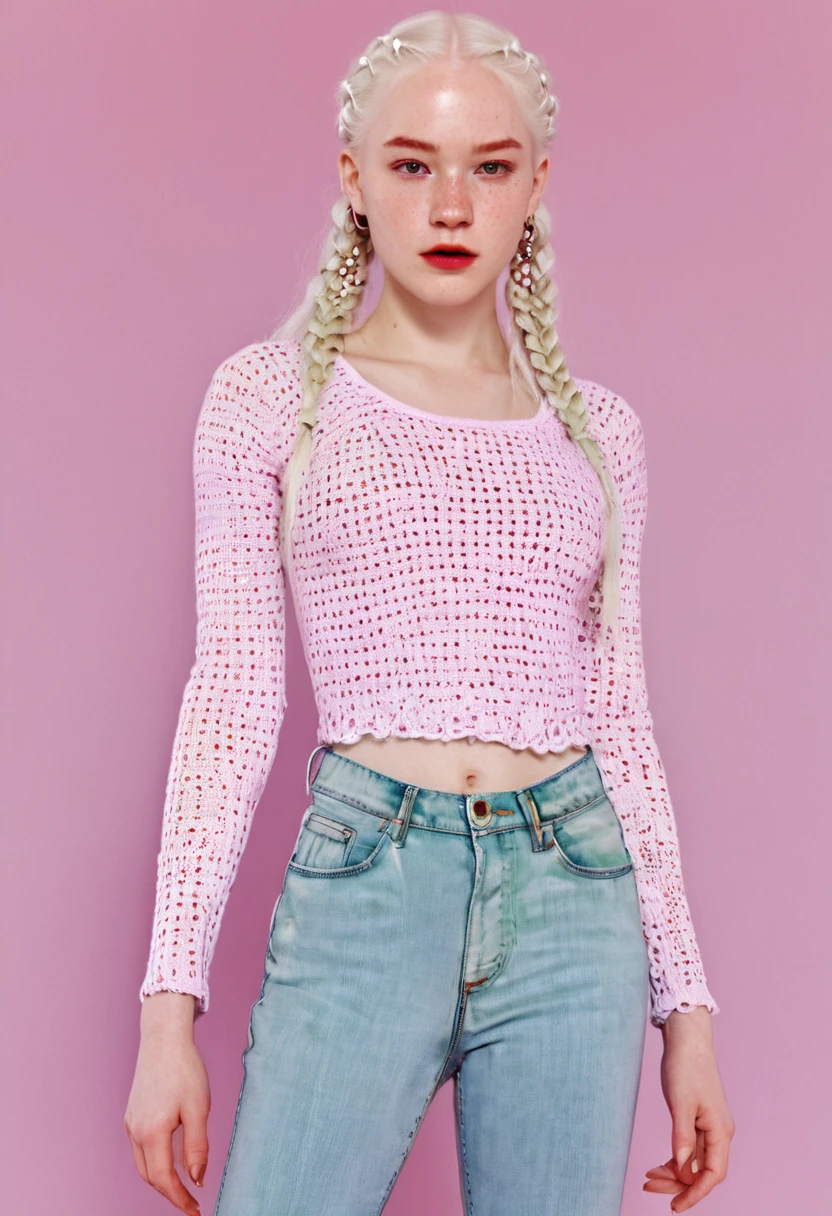 full shot photograph of a beautiful woman's body
Nordic complete, 22 years old, (albino white hair, small thin African braids on the sides and long, loose hair in the middle), (well-defined bright light violet eyes), (beautiful baby face with some dots of freckles) , (red face makeup and eye and cheek contours), (pink crochet knitted low-cut top), ((classic ripped flared jeans, light blue color)), ((,(Gucci patent crocodile skin boots), (green crocodile skin heels 9 cm 1.4),)), full body, HD, 64k. Look at my shoes, fashion, cinematic, typography, 3d render, illustration, photo