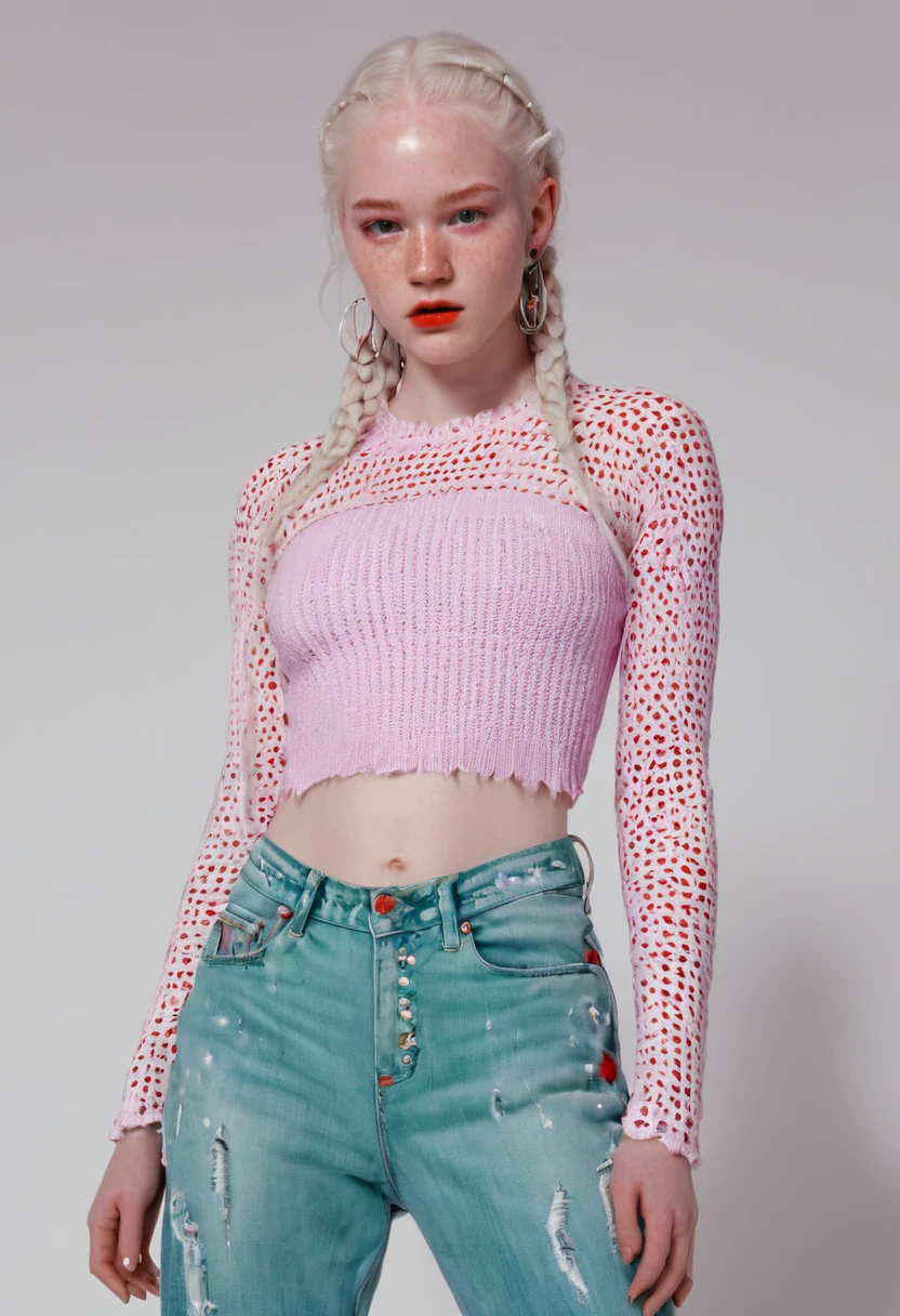 full shot photograph of a beautiful woman's body
Nordic complete, 22 years old, (albino white hair, small thin African braids on the sides and long, loose hair in the middle), (well-defined bright light violet eyes), (beautiful baby face with some dots of freckles) , (red face makeup and eye and cheek contours), (pink crochet knitted low-cut top), ((classic ripped flared jeans, light blue color)), ((,(Gucci patent crocodile skin boots), (green crocodile skin heels 9 cm 1.4),)), full body, HD, 64k. Look at my shoes, fashion, cinematic, typography, 3d render, illustration, photo