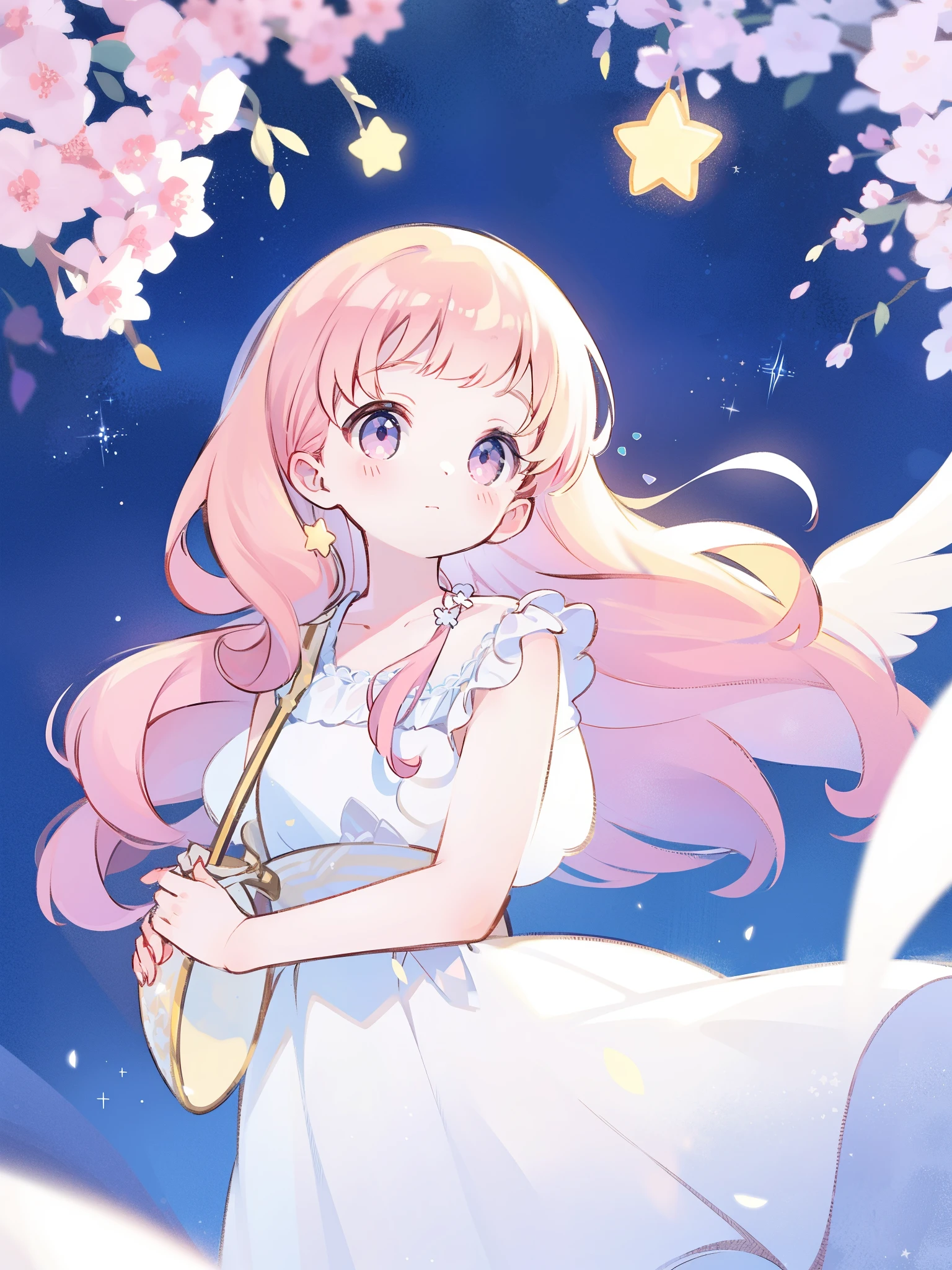 angel girl wearing an ethereal translucent dress, pale skin and light pink hair, white feathers, angel wings, sparkling detailed eyes, golden ratio face, perfect composition, highly detailed, ethereal, (starry night sky background), midjourney style