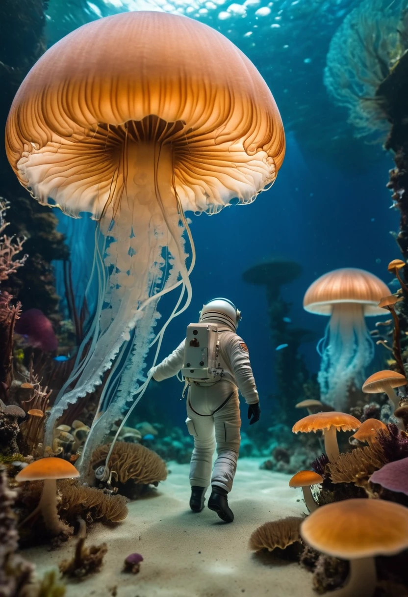 A miniature photography set with amazing attention to detail, astronaut walking through an underwater mushroom forest, lush underwater biome, enormous jellyfish creature in the distance
