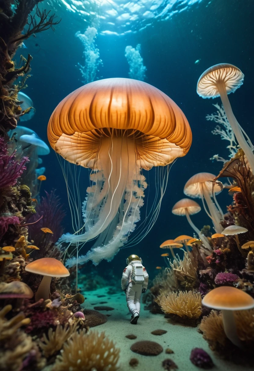 A miniature photography set with amazing attention to detail, astronaut walking through an underwater mushroom forest, lush underwater biome, enormous jellyfish creature in the distance