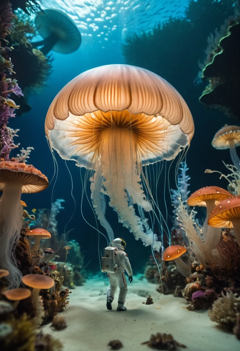 A miniature photography set with amazing attention to detail, astronaut walking through an underwater mushroom forest, lush underwater biome, enormous jellyfish creature in the distance