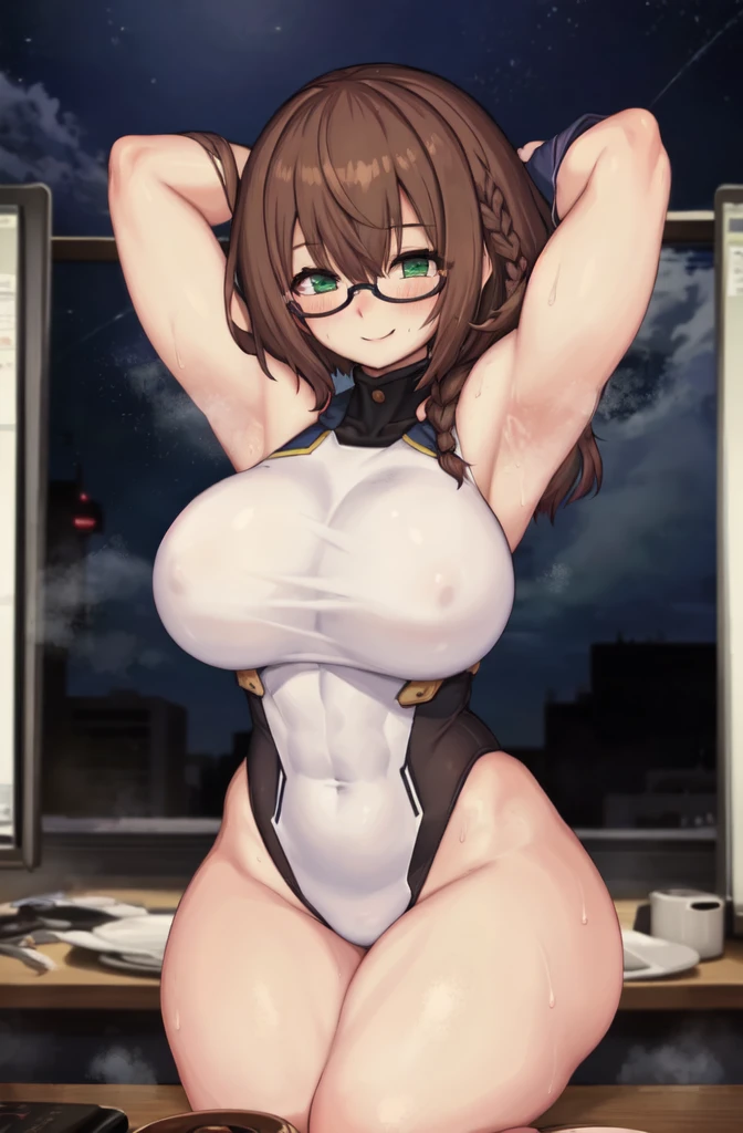 ((Table t○p, Highest quality, High Resolution、Anime Screen Capture、Pixel Perfect, 8K)))、Perfect Anat○my、((((Muscular))))、(((Huge breasts、Wide Hips、Wide thighs)))、(B○th armpits、Place your hands behind your head、Kneel)、((Navy Blue Bodysuit))、((vapor、Sweat)), vap○r,(Green Eyes)、((Bobcut、Brown Hair、Single Braid)), ((smile))、Glasses、(Embarrassing、blush)、(Night in the city)、from the front