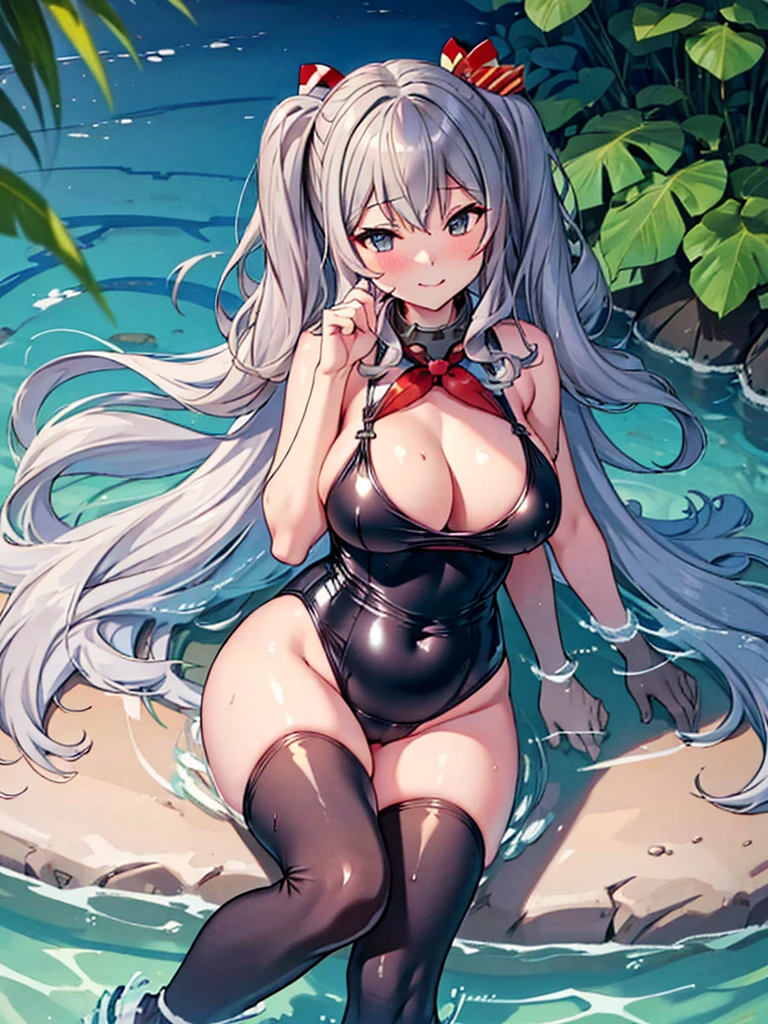 ((Kantai Collection, kancolle, Kashima)), (((large breasts))), breast bags, slightly slanted eyes, long black thin latex gloves, long black thin latex knee-high socks, blue competition swimsuit, wrinkled swimsuit, tight swimsuit, swimsuit reflecting light, wet swimsuit, wet skin, framed breasted, double bust, framed groin, framed navel, cleavage sticking to swimsuit, sunlight, one arm raised up, sitting, legs closed, from the front and slightly below, looking at the viewer, kind smug light smile, ((plump body))