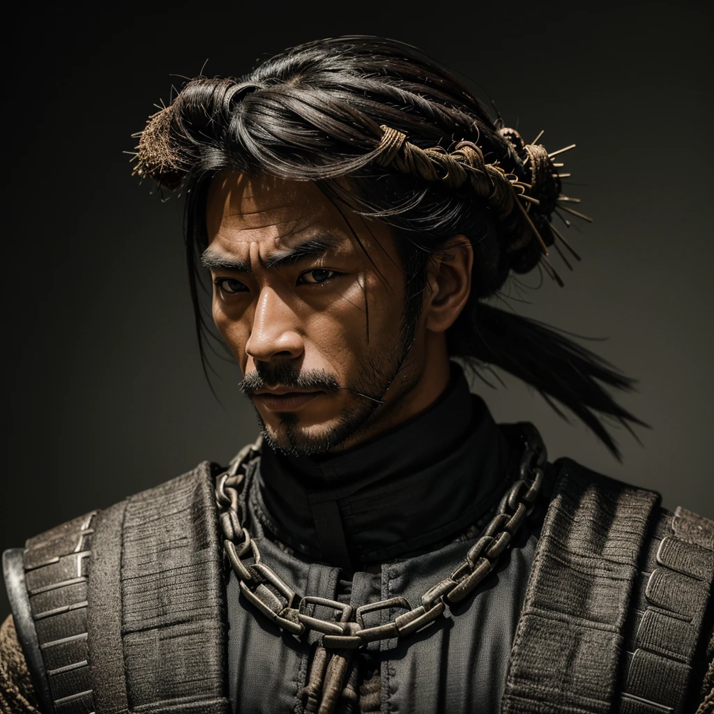 a portrait of a samurai, the the man is wrapped in chains, detailed