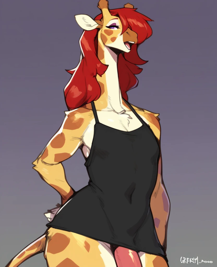 Masterpiece, hi res, absurdres, Best Quality, detailed, 4K, 8K, detailed,HD, By bebebebebe, by wsache, by greasymojo, by inu-sama, solo,tall,detailed eyes, male,girly, androgynous,makeup, giraffe anthro,giraffe, red hair,long hair, long neck, Open mouth, tongue out,very long tongue, oversized black camisole,curvy,thick , Big ass, flaccid male genitalia, balls, tuft of fur above genitalia,tuft of fur on chest