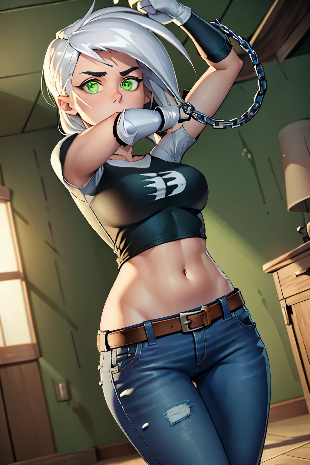 (masterpiece), best quality, green eyes, perfect face, highres, 1girl, solo, (female:1.5), cute, white hair, long hair, white fingerless gloves, black t shirt, leather jacket, jeans, indoors, , dancing around chains whip, holding chains whip, cowboy shot, looking at the viewer, fullbody shot, long boots, ninja style, attack pose
