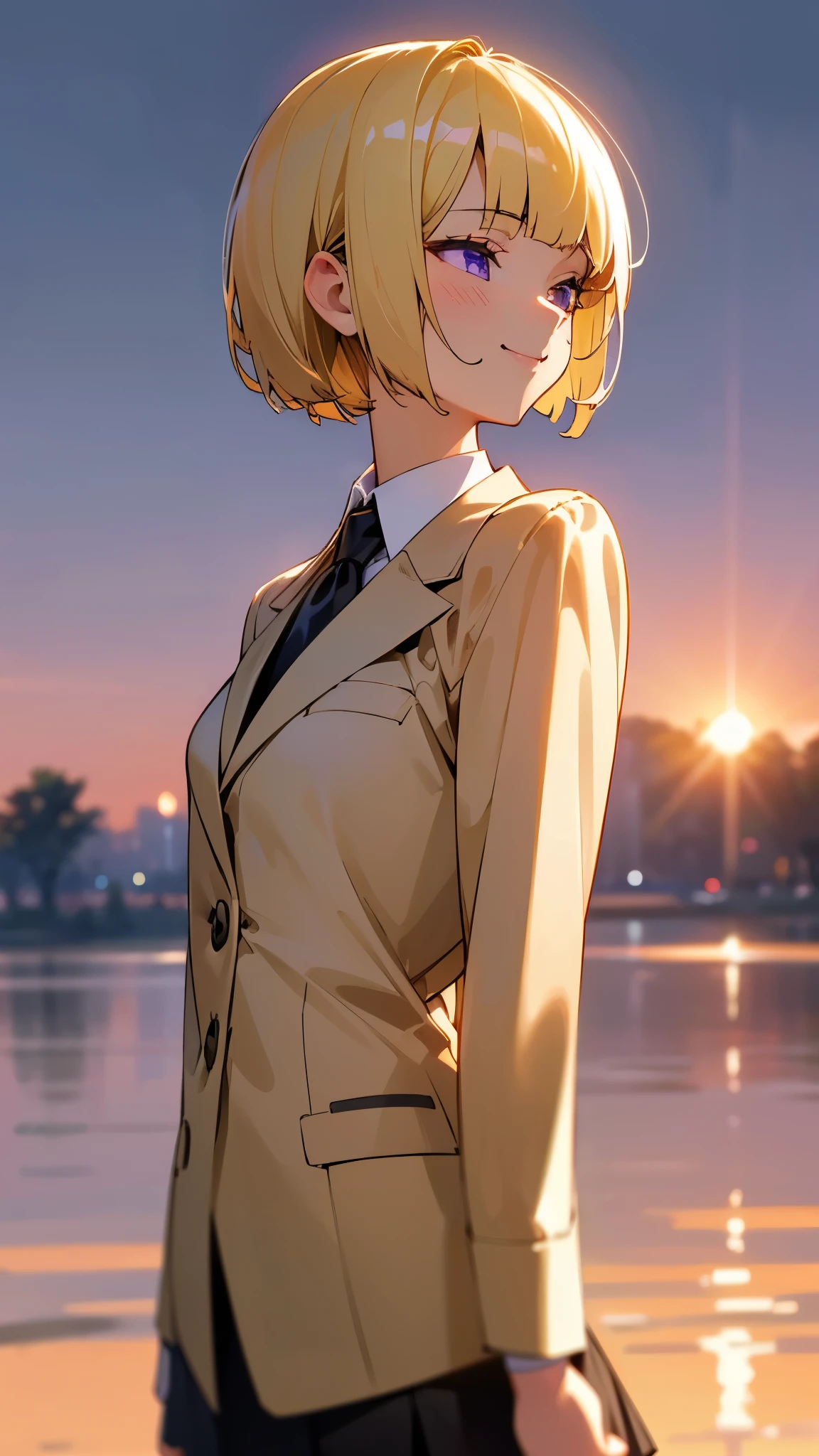 1 Girl、8K、Sharp focus、(Bokeh) (Highest quality) (Detailed skin:1.3) (Intricate details) (anime)、(blonde)、short hair、Bobcut、Blunt bangs、Beautiful purple eyes、Slender body、White shirt、Black mini skirt、Black Fitted Blazer、profile、Calm face、Mouth closed、Cheeky Smile、Squint your eyes、Park in the background、sunset、Soft lighting.