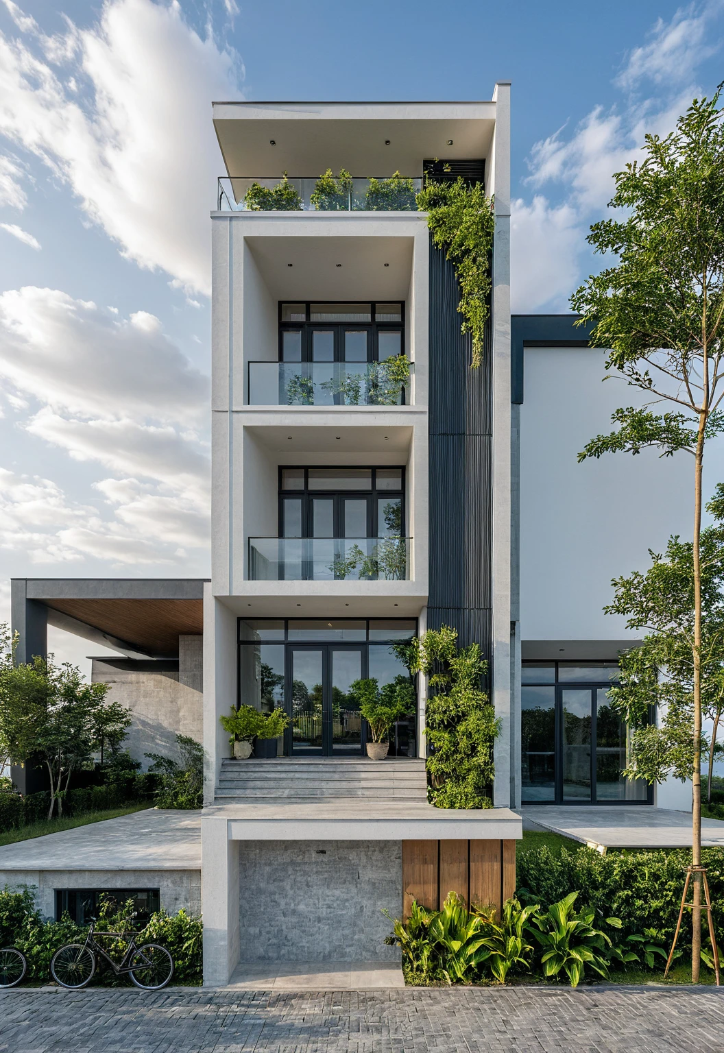 Masterpiece, high quality, best quality, authentic, super detail, outdoors, onestoreyvillaXL, aiaigroup, house style modern on the street ,stairs, white wall ,road,pavement, grass, trees, sky, cloud, (daylight:1.1)