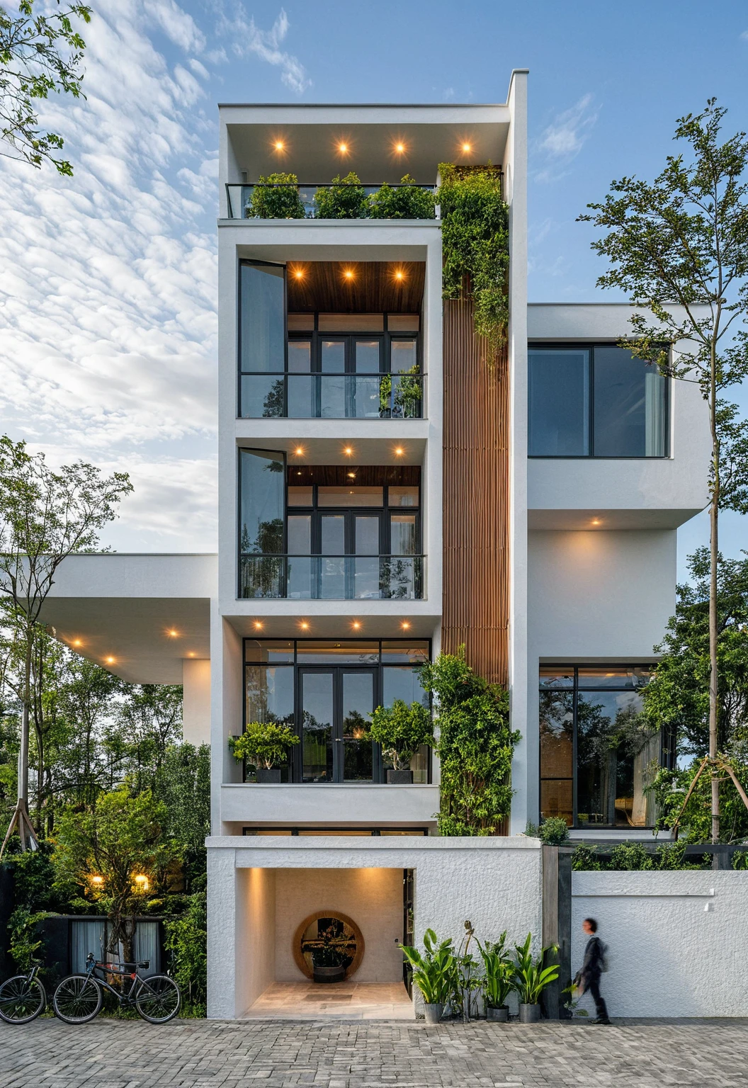 Masterpiece, high quality, best quality, authentic, super detail, outdoors, onestoreyvillaXL, aiaigroup, house style modern on the street ,stairs, white wall ,road,pavement, grass, trees, sky, cloud, (daylight:1.1)