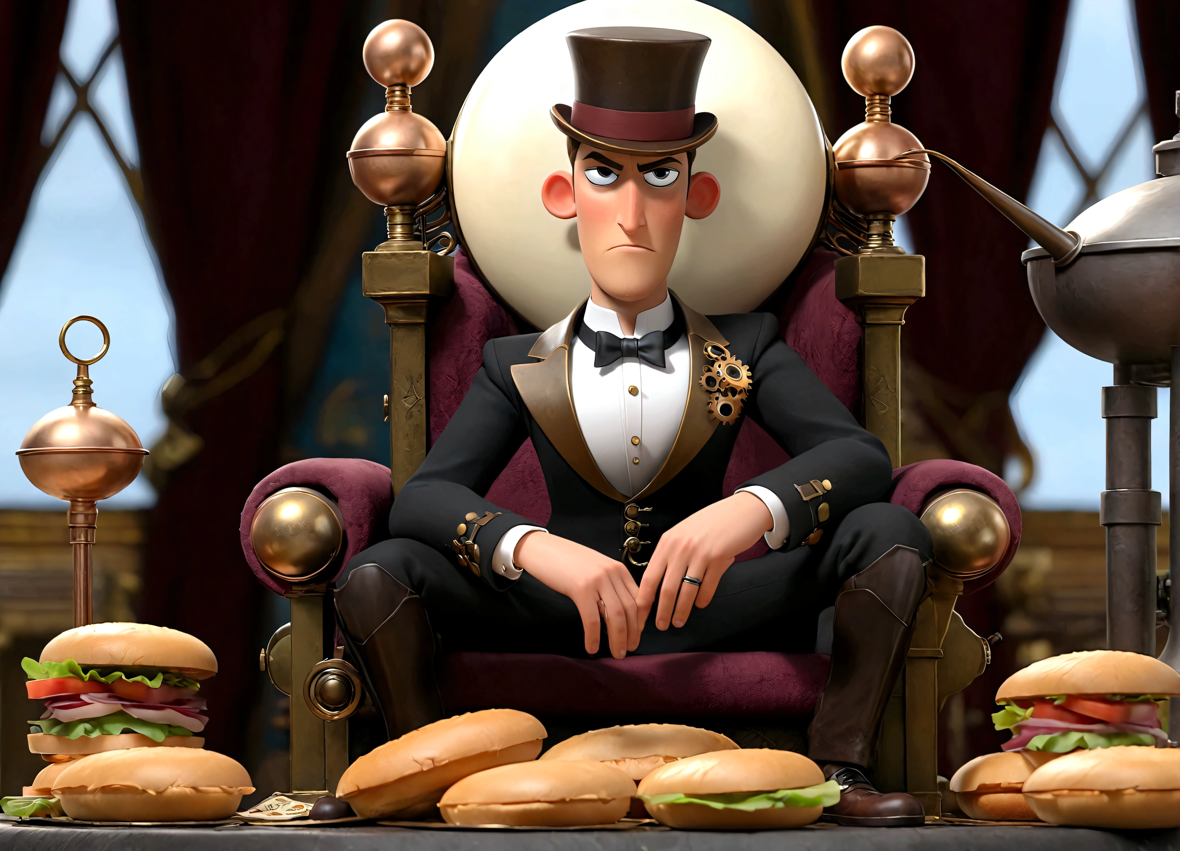 A steam punk throne of leadership, attended to by several (clockwork, steam powered, fake men). A young man in a tuxedo sits on the throne and dines on fancy sandwiches