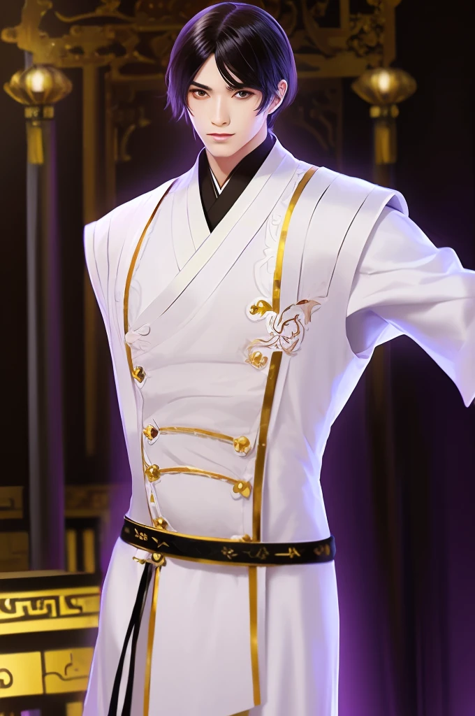 a man in a white robe, young and handsome man, ponytail, waist-length hair, ancient Chinese clothing, qi, a huge saber, ancient Chinese buildings in the background, night, powerful character, purple rays, a beautiful landscape. Detailed face, thick eyebrows, black eyes, 8k, robe embroidered with gold edges, detailed clothing, xianxia, ​​world of cultivation. ((upper body))