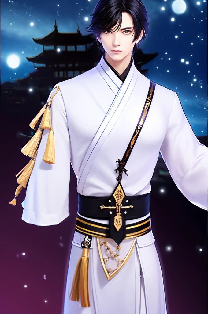 a man in a white robe, young and handsome man, ponytail, waist-length hair, ancient Chinese clothing, qi, a huge saber, ancient Chinese buildings in the background, night, powerful character, purple rays, a beautiful landscape. Detailed face, thick eyebrows, black eyes, 8k, robe embroidered with gold edges, detailed clothing, xianxia, ​​world of cultivation. ((upper body))