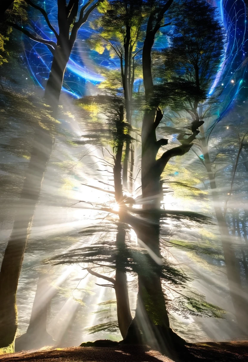 detailed fantastic image, the starry sky spreads over the landscape like a black velvet blanket dotted with twinkling stars that form unknown constellations. Moon, of enormous size, emits a silvery glow that bathes the enchanted forest in a magical, ethereal light. The trees, of twisted shapes and iridescent colors that change with each movement, They seem to take on a life of their own as their branches intertwine in a harmonious dance..
Luminous vines winding along tree trunks emit flashes of multicolored light that illuminate the ground covered in moss and glowing ferns.. Little fairies with transparent and shiny wings dance in the air, leaving trails of stardust in their wake. Snow-white unicorns gracefully trot through the trees, His mane fluttering in the wind and his horns glowing with a magical light..
In a forest clearing, A majestic dragon with shining scales and imposing wings stands in all its magnificence, exhaling blue fire that illuminates the night with flashes of light. The atmosphere is permeated with a sense of calm and wonder, as if time had stopped in this corner of fantasy and wonder. Every detail of the image invites the viewer to immerse themselves in a world of dreams and magic., where the impossible becomes real.