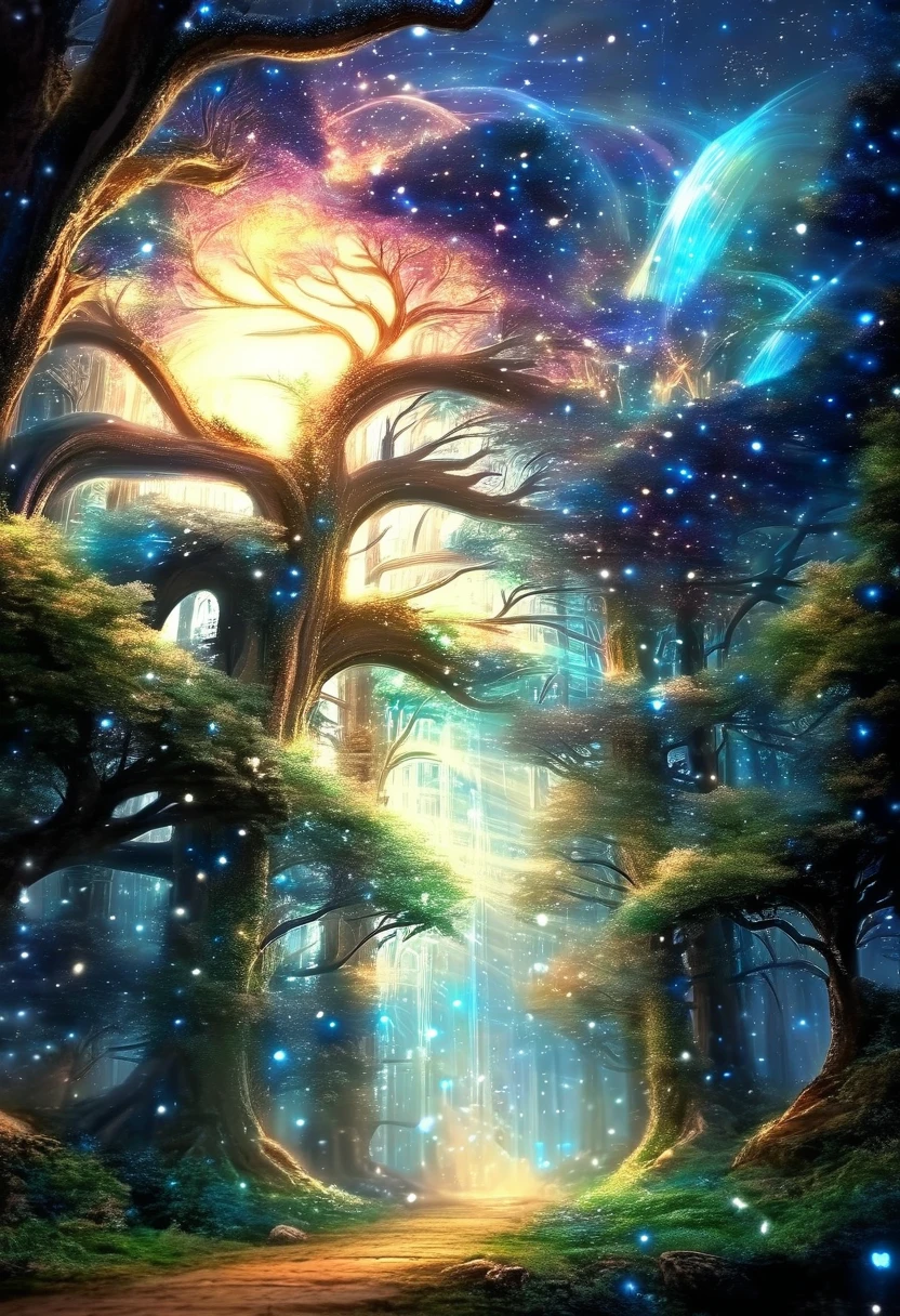  detailed fantastic image, the starry sky spreads over the landscape like a black velvet blanket dotted with twinkling stars that form unknown constellations. Moon, of enormous size, emits a silvery glow that bathes the enchanted forest in a magical, ethereal light. The trees, of twisted shapes and iridescent colors that change with each movement, They seem to take on a life of their own as their branches intertwine in a harmonious dance..

Luminous vines winding along tree trunks emit flashes of multicolored light that illuminate the ground covered in moss and glowing ferns.. Little fairies with transparent and shiny wings dance in the air, leaving trails of stardust in their wake. Snow-white unicorns gracefully trot through the trees, His mane fluttering in the wind and his horns glowing with a magical light..

In a forest clearing, A majestic dragon with shining scales and imposing wings stands in all its magnificence, exhaling blue fire that illuminates the night with flashes of light. The atmosphere is permeated with a sense of calm and wonder, as if time had stopped in this corner of fantasy and wonder. Every detail of the image invites the viewer to immerse themselves in a world of dreams and magic., where the impossible becomes real.

