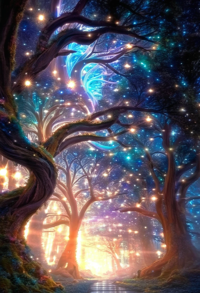  detailed fantastic image, the starry sky spreads over the landscape like a black velvet blanket dotted with twinkling stars that form unknown constellations. Moon, of enormous size, emits a silvery glow that bathes the enchanted forest in a magical, ethereal light. The trees, of twisted shapes and iridescent colors that change with each movement, They seem to take on a life of their own as their branches intertwine in a harmonious dance..

Luminous vines winding along tree trunks emit flashes of multicolored light that illuminate the ground covered in moss and glowing ferns.. Little fairies with transparent and shiny wings dance in the air, leaving trails of stardust in their wake. Snow-white unicorns gracefully trot through the trees, His mane fluttering in the wind and his horns glowing with a magical light..

In a forest clearing, A majestic dragon with shining scales and imposing wings stands in all its magnificence, exhaling blue fire that illuminates the night with flashes of light. The atmosphere is permeated with a sense of calm and wonder, as if time had stopped in this corner of fantasy and wonder. Every detail of the image invites the viewer to immerse themselves in a world of dreams and magic., where the impossible becomes real.

