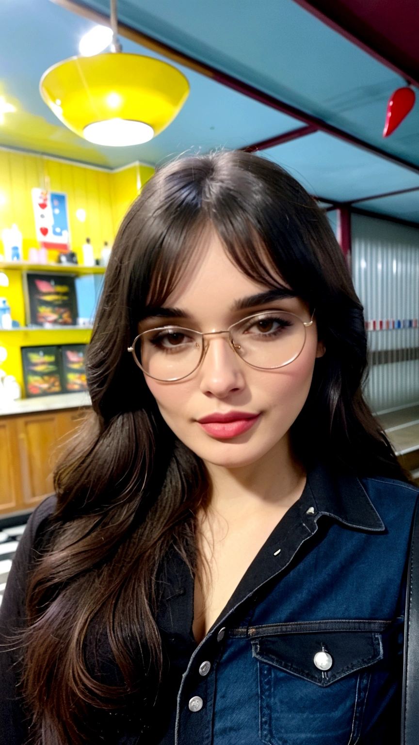 "A young adult Latina woman with long black hair styled in curtain bangs, very beautiful, with medium-sized, pointed breasts, thin legs, a small butt, slightly full lips, and large brown eyes. She is wearing jeans and a short black blouse with no neckline. She also has aviator-style glasses."