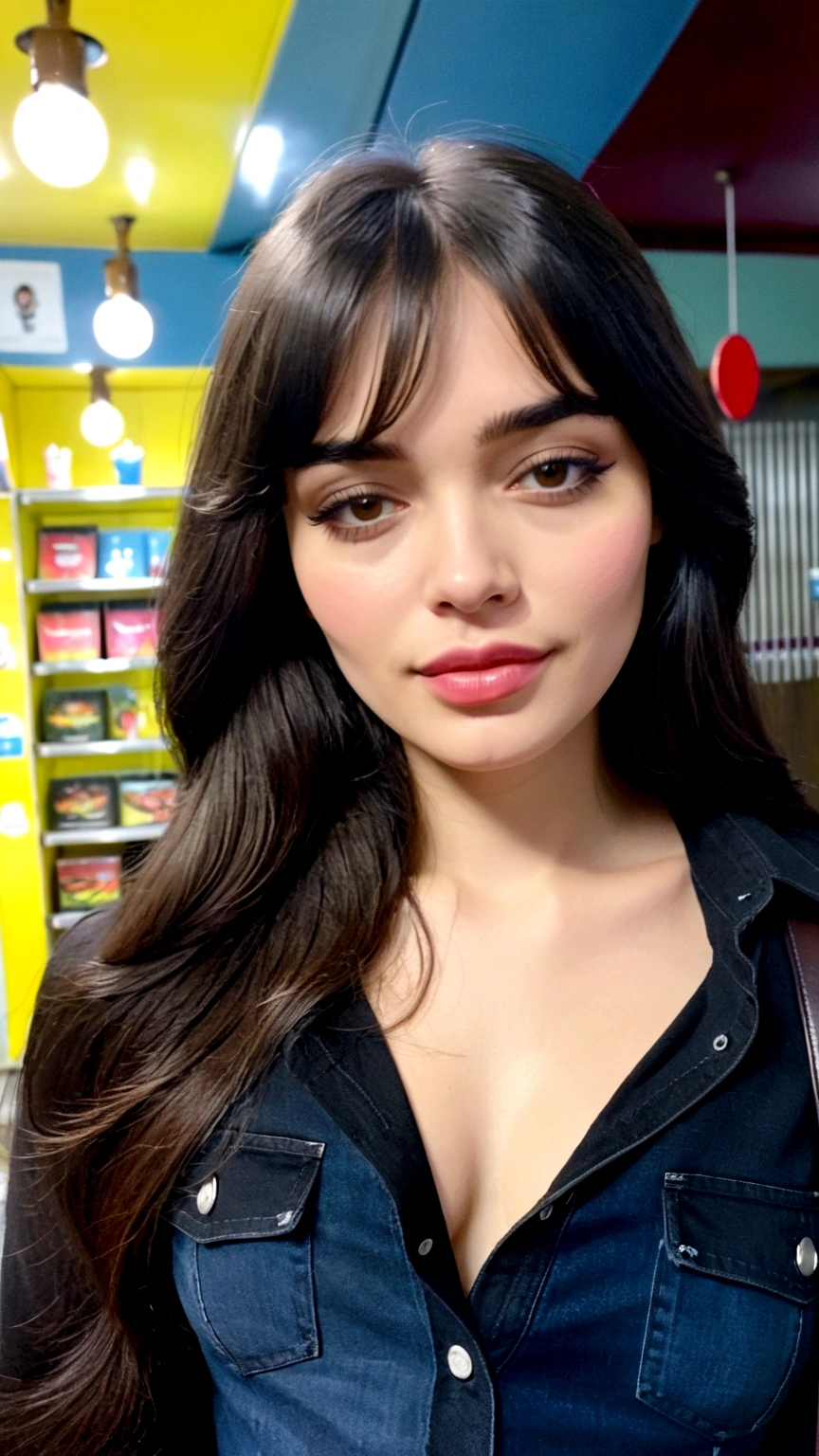 "A young adult Latina woman with long black hair styled in curtain bangs, very beautiful, with medium-sized, pointed breasts, thin legs, a small butt, slightly full lips, and large brown eyes. She is wearing jeans and a short black blouse with no neckline. She also has aviator-style glasses."