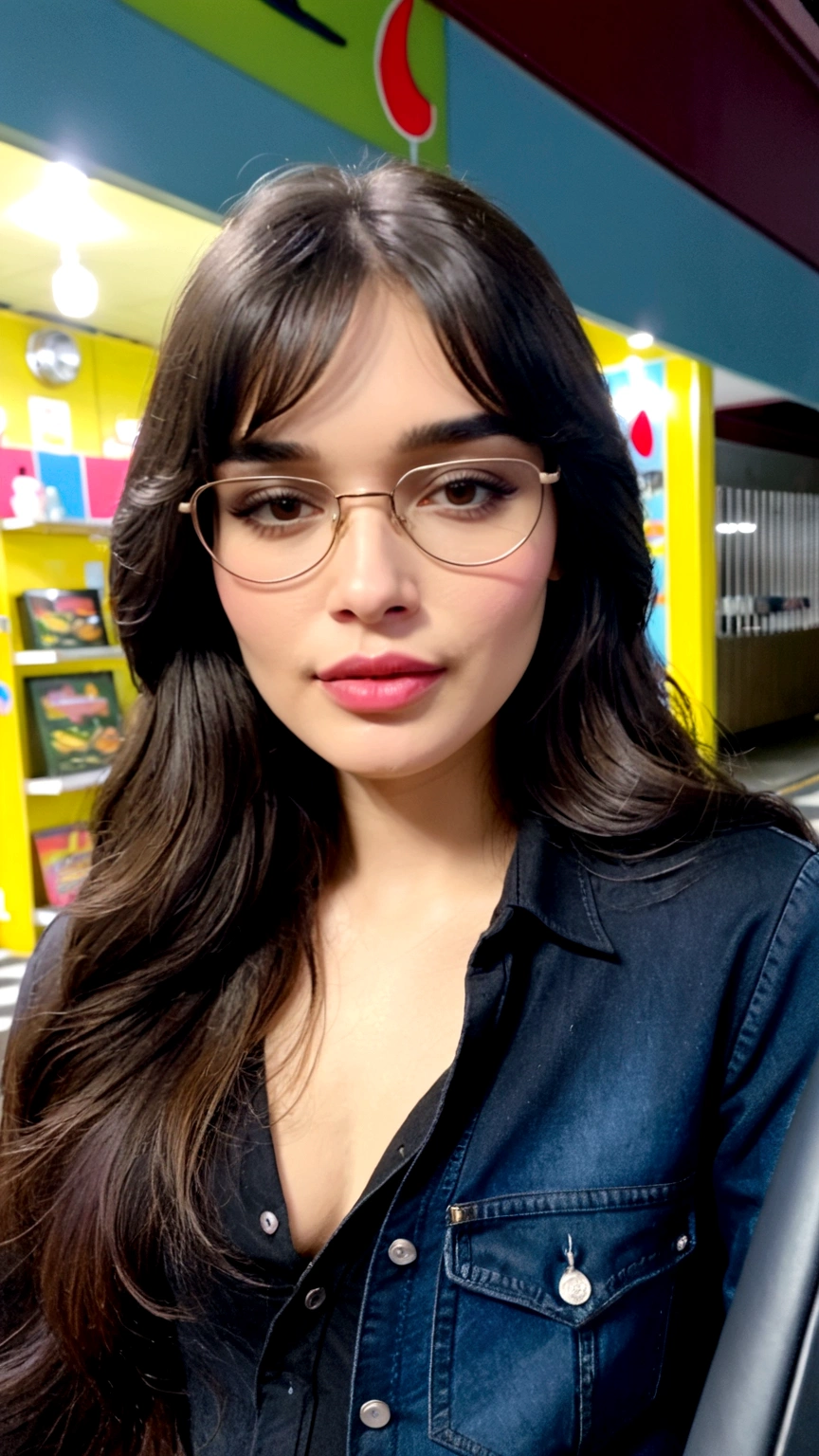 "A young adult Latina woman with long black hair styled in curtain bangs, very beautiful, with medium-sized, pointed breasts, thin legs, a small butt, slightly full lips, and large brown eyes. She is wearing jeans and a short black blouse with no neckline. She also has aviator-style glasses."