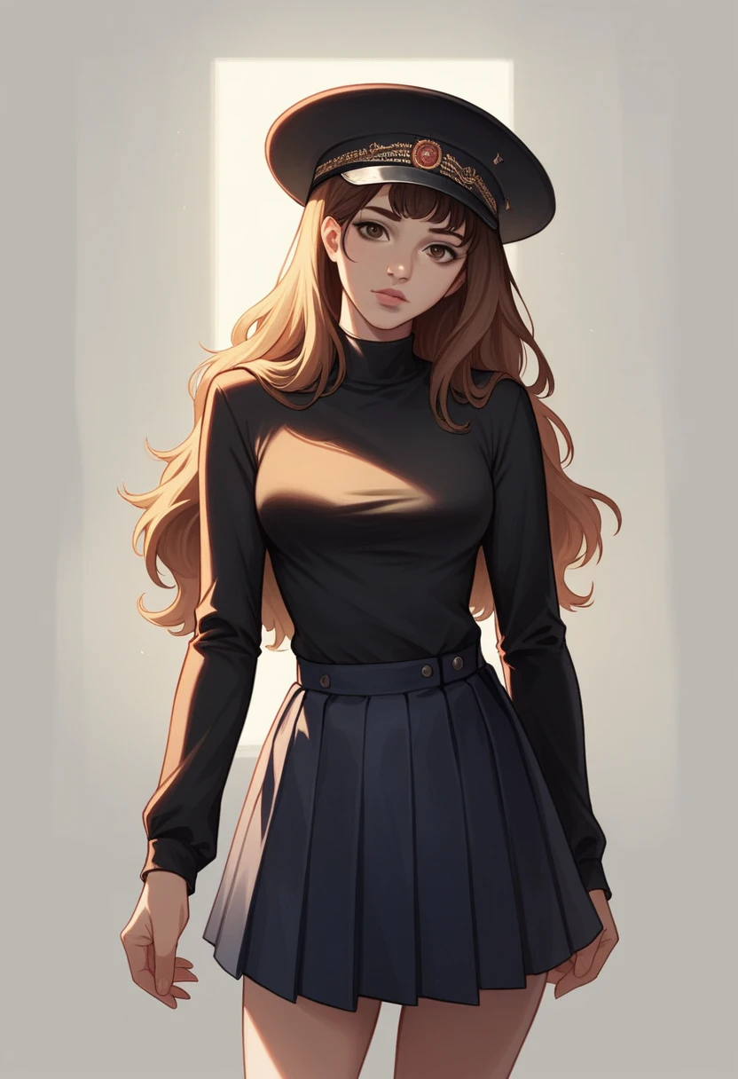(best quality, masterpiece),Russian girl, solo, long hair, looking at viewer, skirt, simple background, shirt, blone hair, long sleeves, hat, brown eyes, pleated skirt, black skirt, lips, head tilt, black shirt, black headwear, realistic,8k uhd, dslr, soft lighting, high quality, film grain, Fujifilm XT3