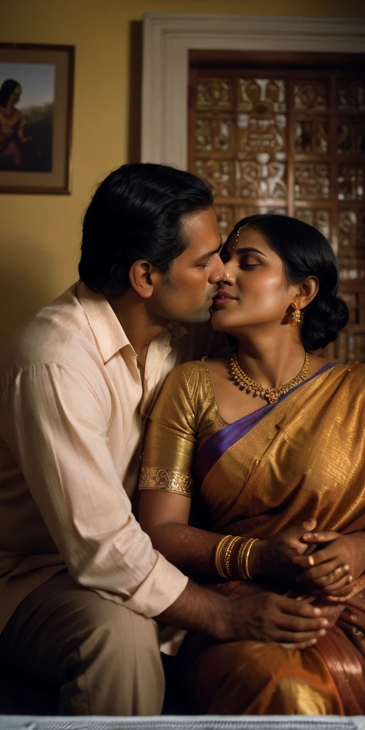 35mm film photography, A middle-aged Caucasian man with short dark hair tenderly embracing and kissing a young, curvaceous South Indian bride dressed in a traditional Indian dawani in a comfortable living room. A group of three Caucasian men observing the couple., high detail, split gradient colors background, full body image 