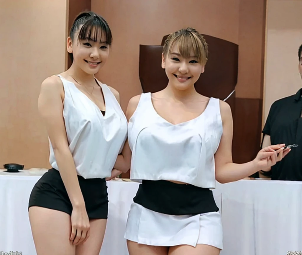 Blonde Asian woman with short hair wearing a low-cut white blouse showing big breasts curvy oppai wearing black curta skirt big thighs voluptuous