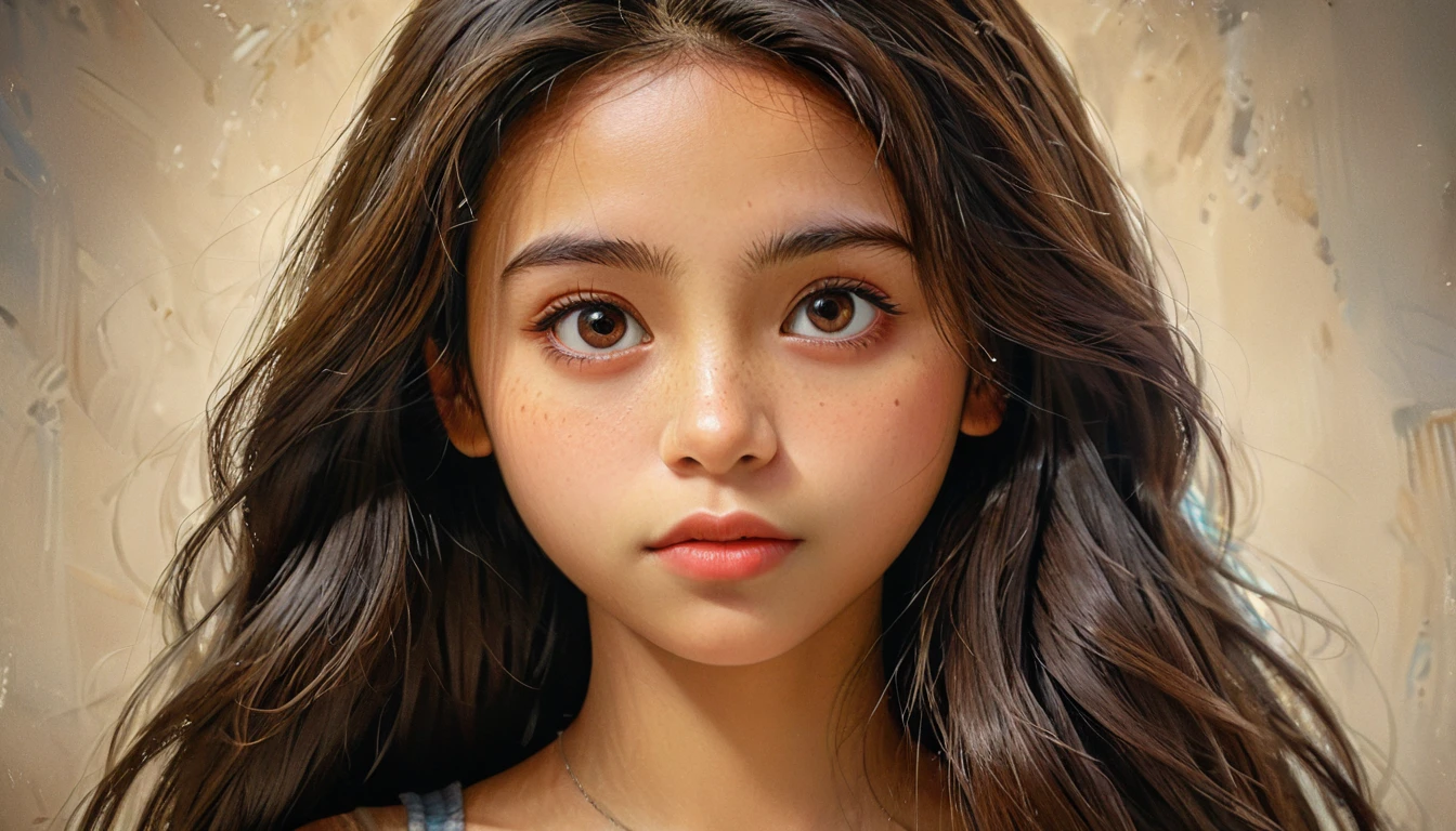 (Pixar style) A waist-high portrait of a Colombian girl with long hair, latina, natural skin texture, 4K textures, HDR, intricate, highly detailed, sharp focus, hyper-detailed, piercing brown eyes, shoulder length straight hair, masterpiece, 4k