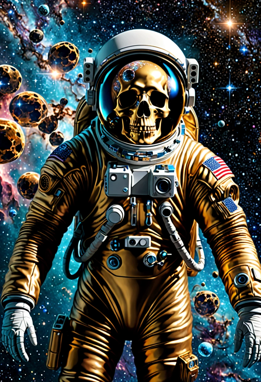 An astronaut turned into a skull floats in the abyss of space, surrounded by a cosmic ocean of galaxies and nebulae that form unique constellations. The bubbles surrounding him contain fragments of knowledge and secrets of the universe. The shot is taken with an 18 mm wide-angle camera, in 8k photorealism, creating an image that evokes amazement and admiration at the immensity of the cosmos. Gold.