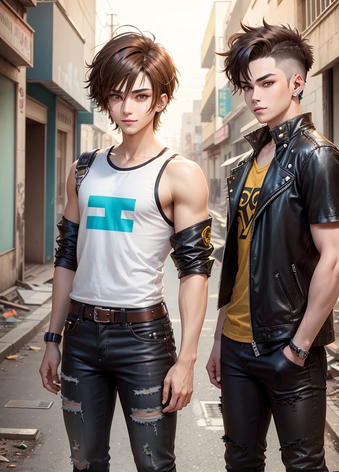Anime boy, smiling expression, cyberpunk style Brown hair, shoulder length brown hair on right side, short brown hair smoothed back on left side, brown eyebrows, yellow eyes, white skin, metal stud earing, white shirt, biker blue jeans, standing in abandoned city