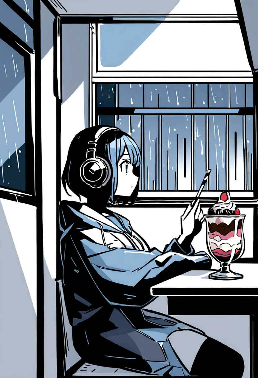 Sitting in a coffee shop eating a parfait while a girl stares outside in the rain with headphones on Girl's image is large Girl's body is forward facing Face is sideways Window is to the left Background is black and white Girl is full color anime style Short hair