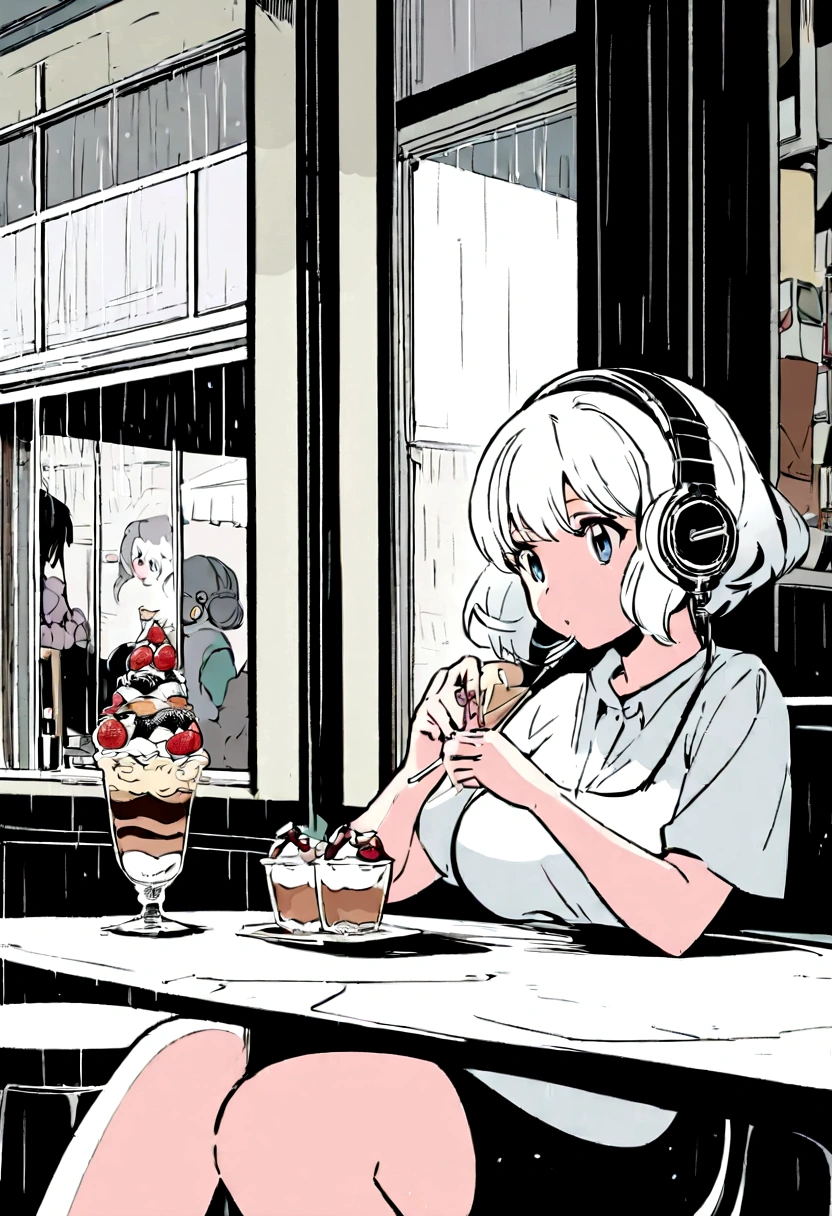 Sitting in a coffee shop eating a parfait while a girl stares outside in the rain with headphones on Girl's image is large Girl's body is forward facing Face is sideways Window is to the left Background is black and white Girl is full color anime style Short hair