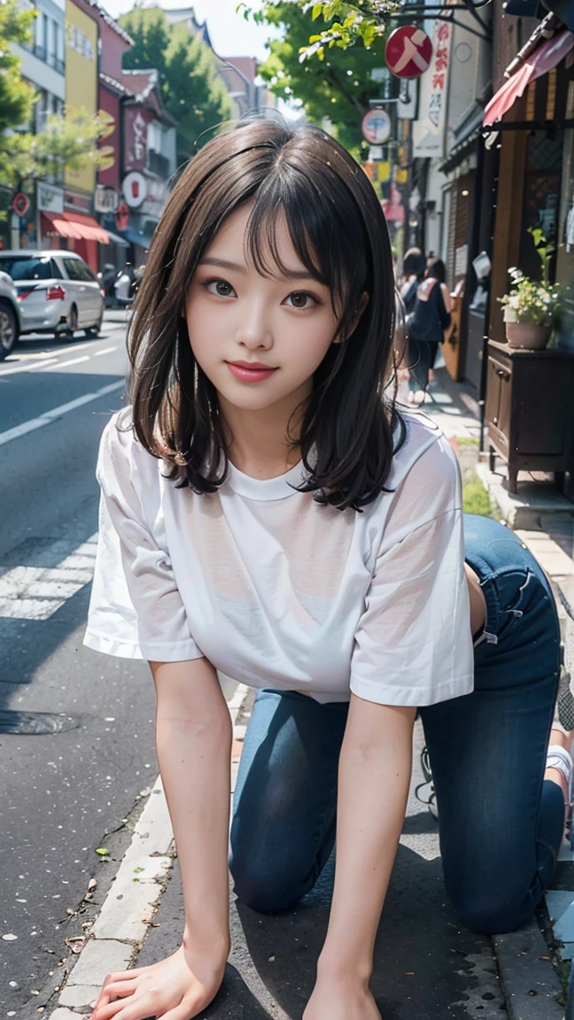(Highest quality, masterpiece, Photo Real, Super detailed, Ultra-high resolution, born:1.3), One girl, cute, Japanese, smile, bangs, (Big Breasts), (Low-rise XL, Low Waist XL, between legs), T-Shirts, Skinny jeans, belly button, (sneakers, Beautiful feet, ), Main Street,Leg spread。On all fours、