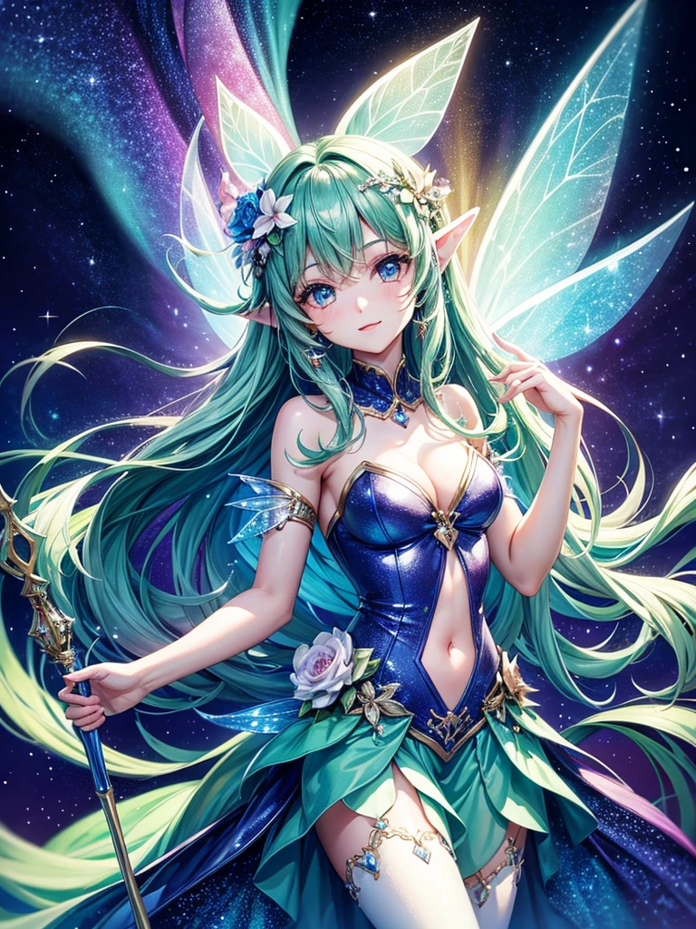 Highest quality,Highest Resolution,Glamorous fairy,cute,Aurora,Night Sky,