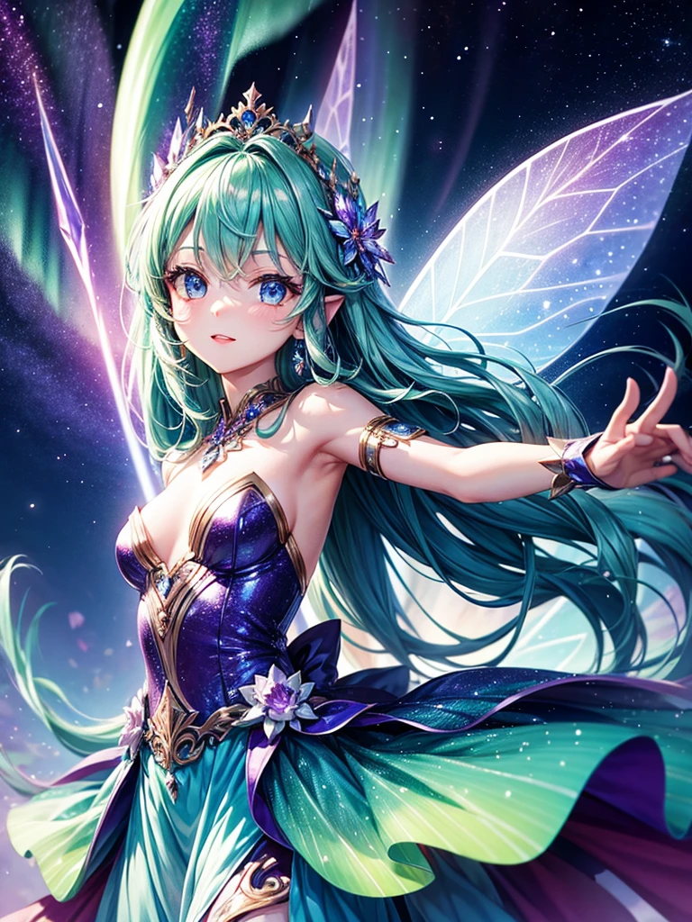 Highest quality,Highest Resolution,Glamorous fairy,cute,Aurora,Night Sky,
