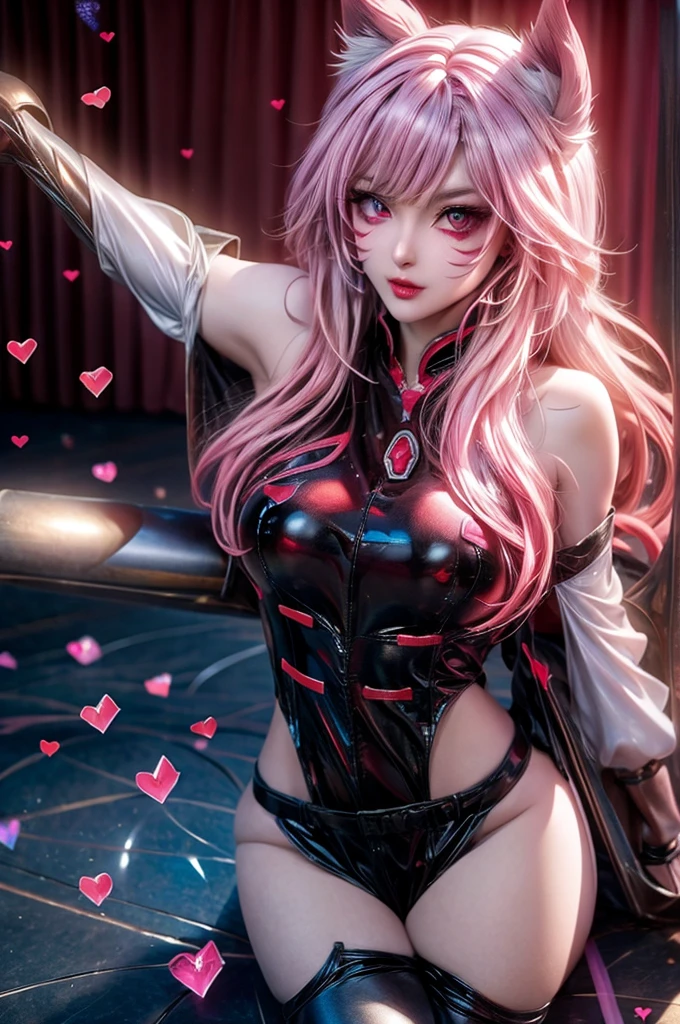 ((masterpiece, best quality)),mixes realistic and fantastical elements,uhd image Ahri, league of legends, sexy, wallpaper, eyes, sexually suggestive, firm thighs, long stockings, bare shoulders, heart, naughty face, erotic expression, anime eyes, big eyes, black choker, blush, eyeliner, earrings, detailed face, sexy expression, horny expression, blushing, heart shaped pupils, red lipstick, jewlery, erotic pose, sexy pose, horny pose, leaning back, lora:more_details: 1