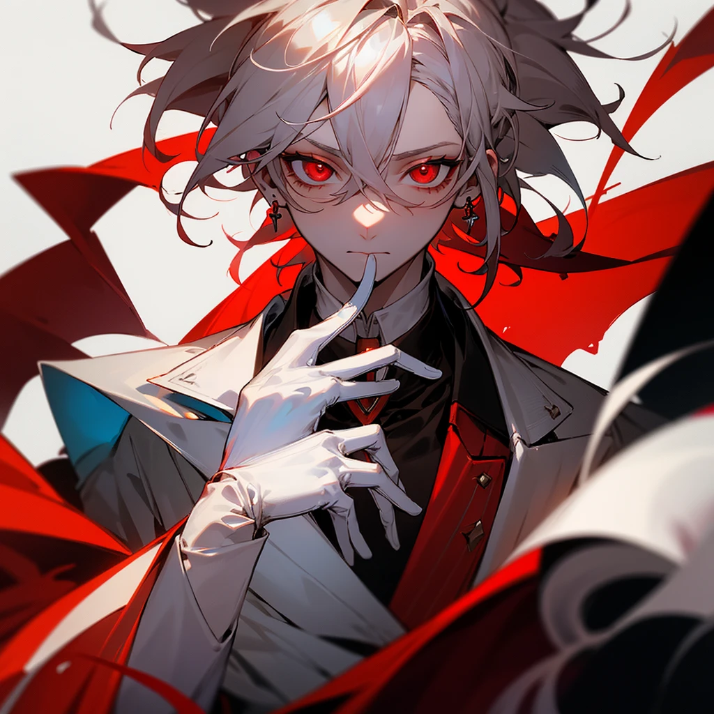 thin Male, white skin, messy palid coffee hair, red pupils, red earring on right ear, wearing a white open lapel with tall collar, black and red uniform, white gloves, looking coldly at camera