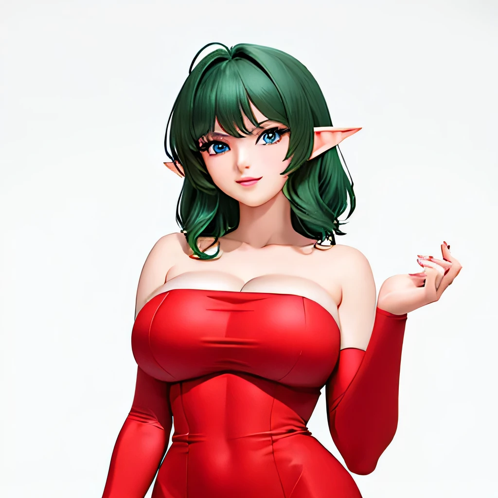  ((masterpiece,best quality,ultra-delicate,Perfect Face,16k,high resolution,very beautiful girl)),Medium short green hair:1.2, Red strapless bodycon tube dress ,Red long arm sleeves,outstretching arms,Elf Girl,((gigantic Breasts:1.2)),blue eyes,Beautiful smile,20 years old,bedroom