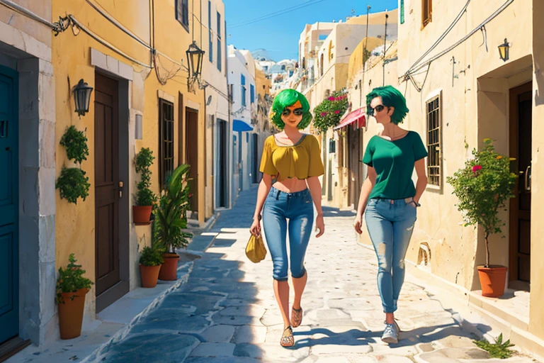 High resolution,high quality,(Perfect body),The streets of Oia,Nice view,A place with a nice view,Walking Girl,Short Hair,Green Hair,Golden Eyes,Light blue T-shirt,Denim pants