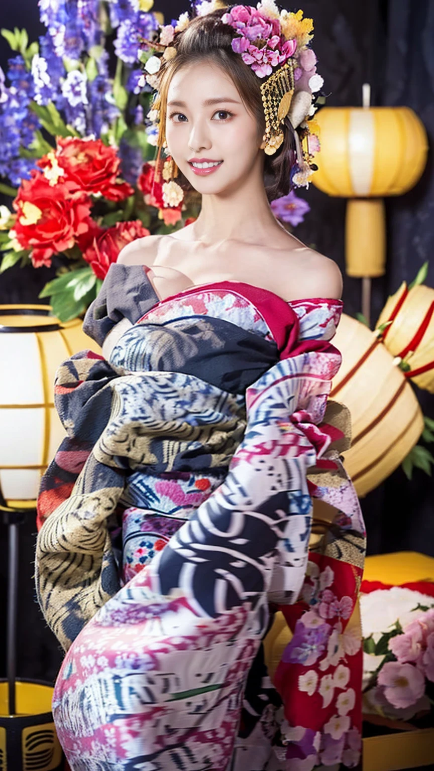 (One Girl), Very cute face, Great face and eyes, (Highly detailed eyes, Highly detailed face), Fresh, Very beautiful appearance, (Ultra-Realistic, High resolution), (Highest quality:1.4), RAW Photos, (Realistic, Photorealistic:1.37), Professional photography, (Floral Yukata:1.5), (Open yukata), (Cleavage:1.2), (Bare shoulders), Laugh a little, (look at me), Bedroom, Portrait of a Girl,