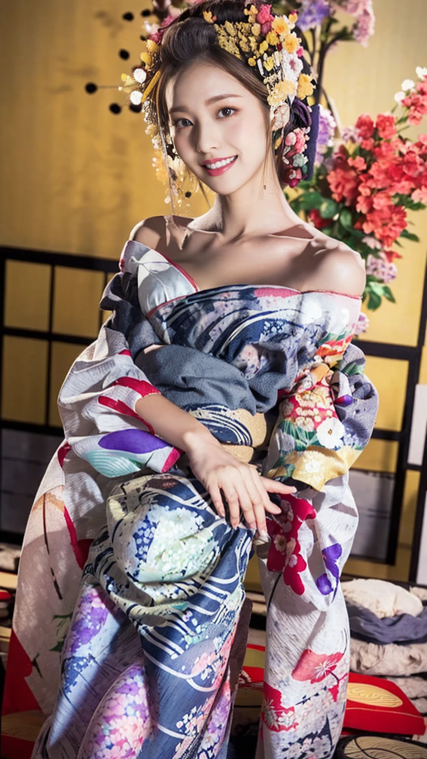 (One Girl), Very cute face, Great face and eyes, (Highly detailed eyes, Highly detailed face), Fresh, Very beautiful appearance, (Ultra-Realistic, High resolution), (Highest quality:1.4), RAW Photos, (Realistic, Photorealistic:1.37), Professional photography, (Floral Yukata:1.5), (Open yukata), (Cleavage:1.2), (Bare shoulders), Laugh a little, (look at me), Bedroom, Portrait of a Girl,