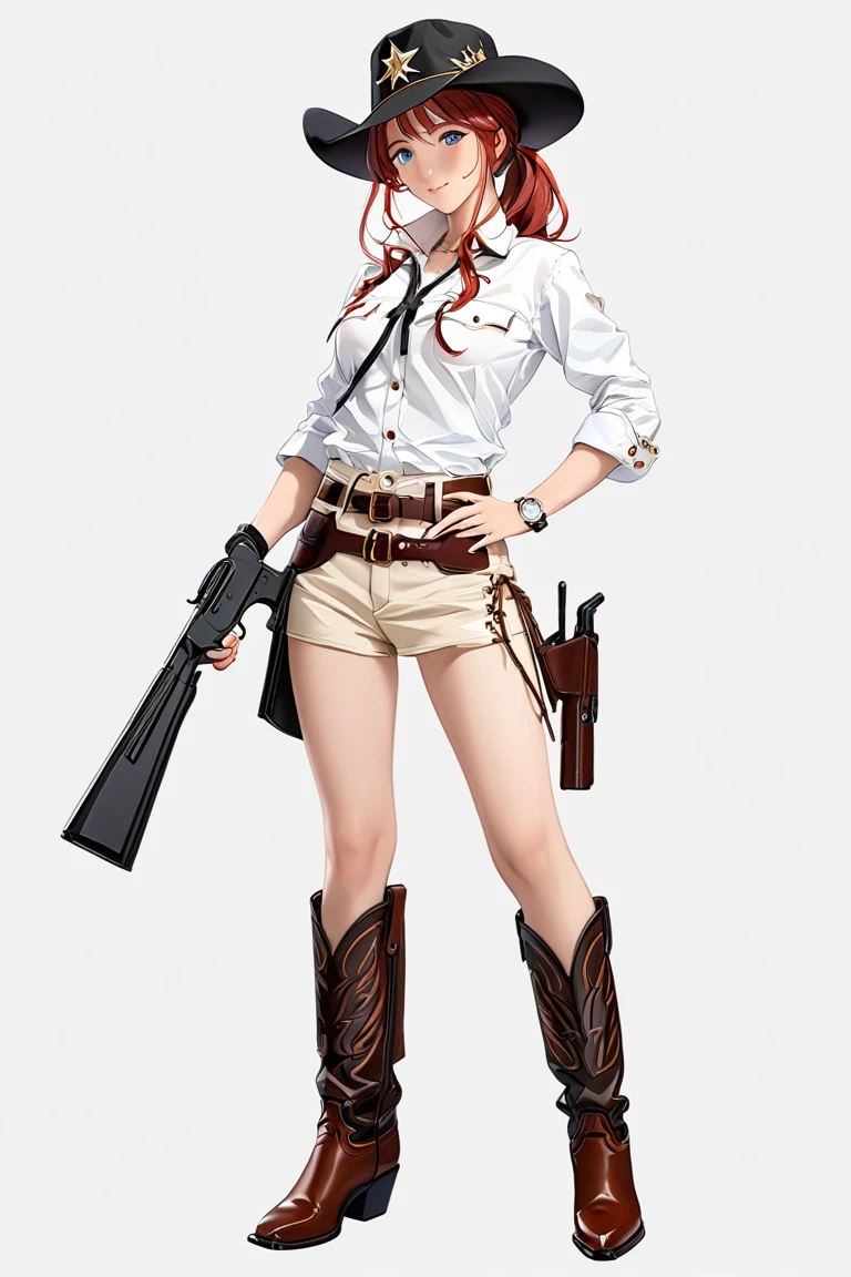 (((NSFW:1.0))),(((Nude:1.0))),score_9, score_8_superior, score_7_superior, とてもbeautiful, sauce_anime, detailed, high quality, beautiful, masterpiece, detailed eyes,((White monochrome background)),((Alluring face:1.2)) Hat Adjustment,Redhead, ponytail, blue eyes, freckles, Side Lock, watch,Brown gun belt with holster,Cowboy hat, Cowboy boots, PDXL ,((Full Body Shot:1.5)),((Drunk:1.5))