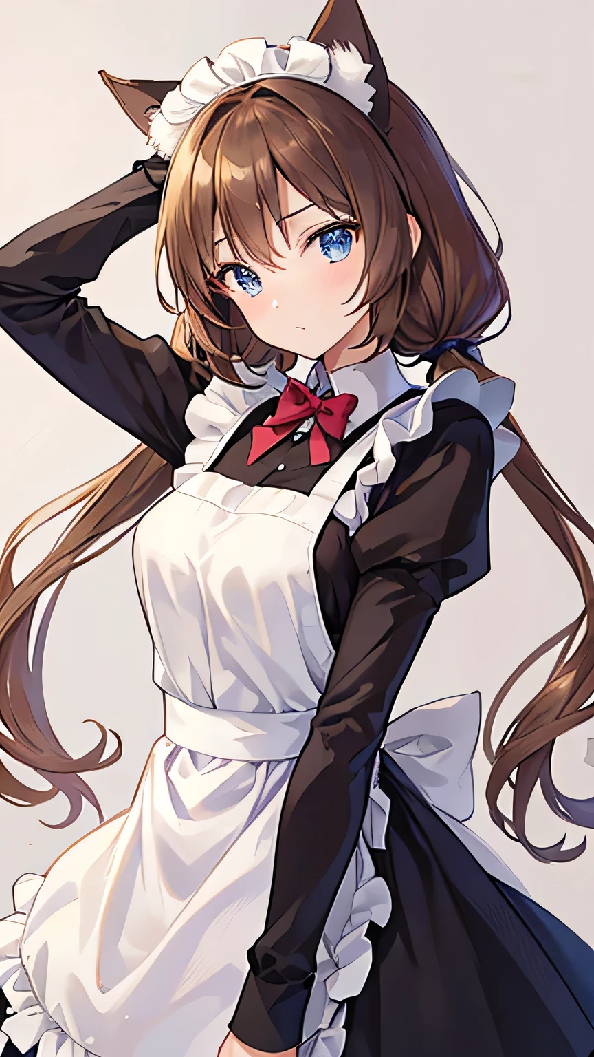 beautiful face, best quality, shiny skin, detailed skin, detailed face, detailed eyes, beautiful lady, light brown hair, low twintails, maid headdress, cat ears, Pop art, best quality, highres, masterpiece, super detail, 8k, Maid working in the palace, maid uniform, Ruffled Apron, from side, Twist your waist and create an S-shaped body line