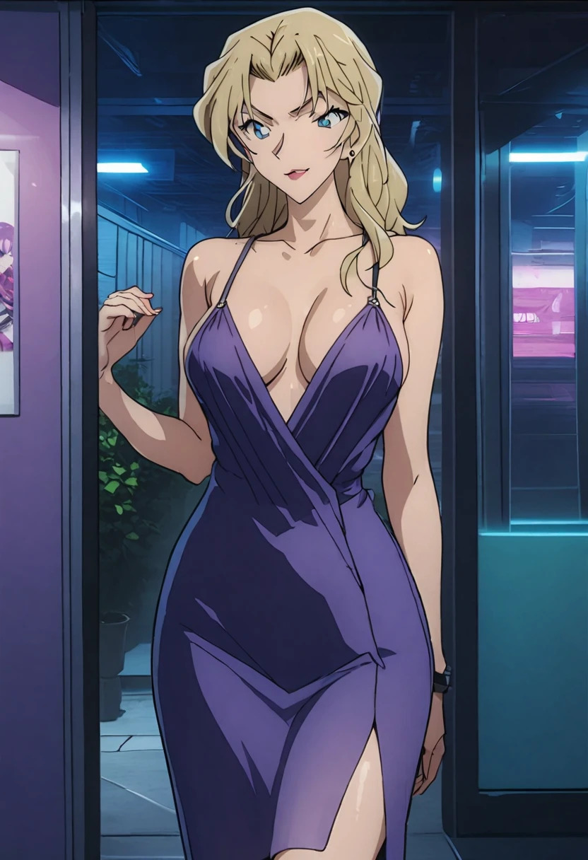 (best quality,masterpiece,blond hair,Purple evening dress:1.4),Perfect body,full-body shot,Cool poster