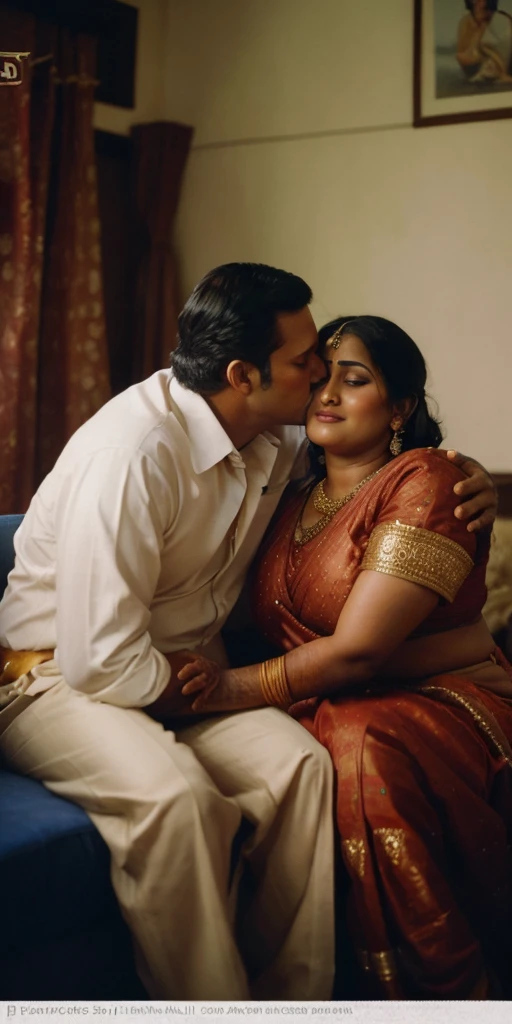 a 50-year-old shirtless man affectionately hugging and kissing aradiant, full-figured South Indian plus-sized 30 year old teacher wearing a off white silky saree in dressing room, captured in a full-body image with vibrant hues and meticulous details. Full body image