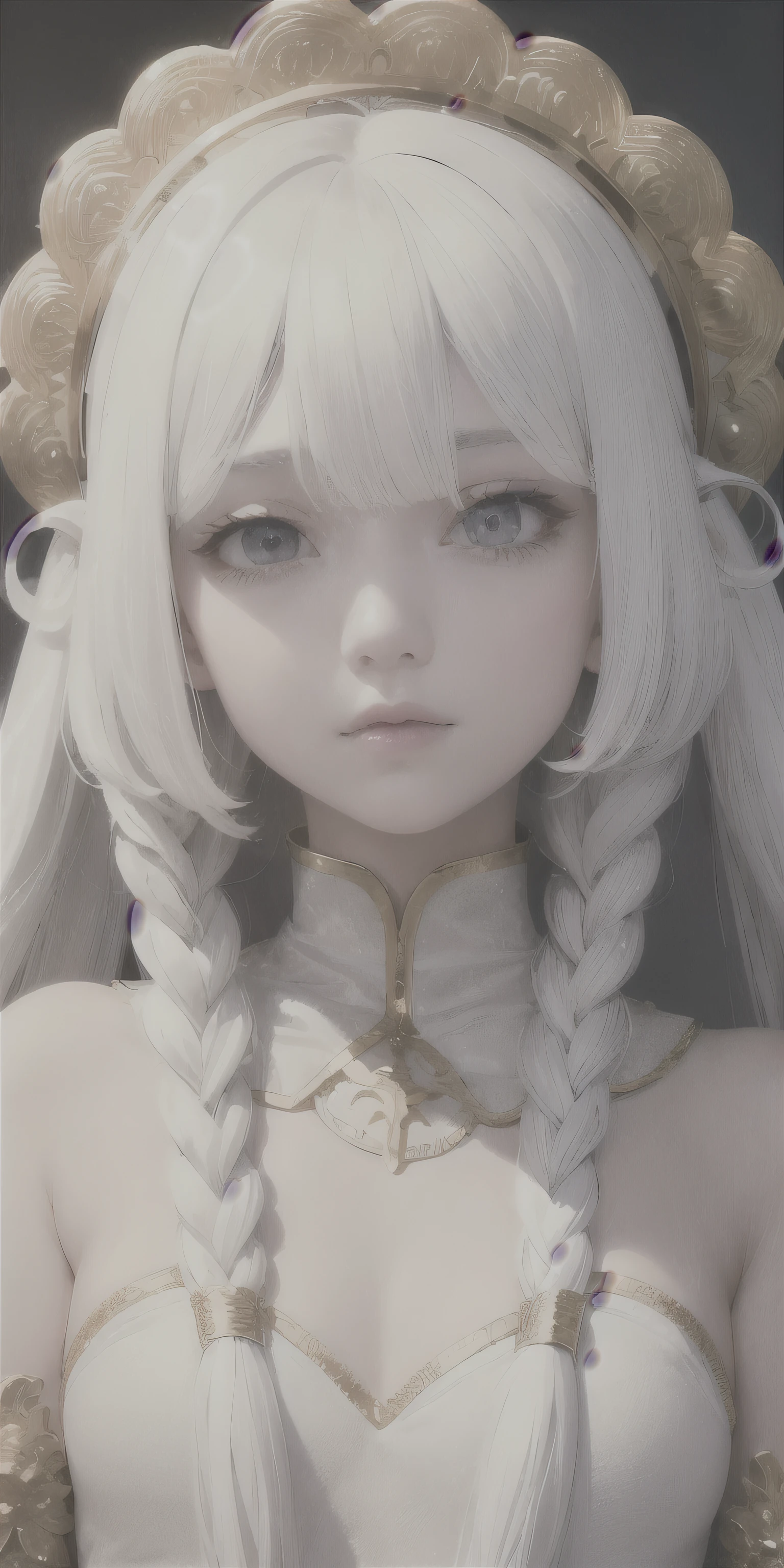 best quality, masterpiece,white hair, gold eyes,white clothes, looking up, upper body,hair strand,Fair skin,side braids