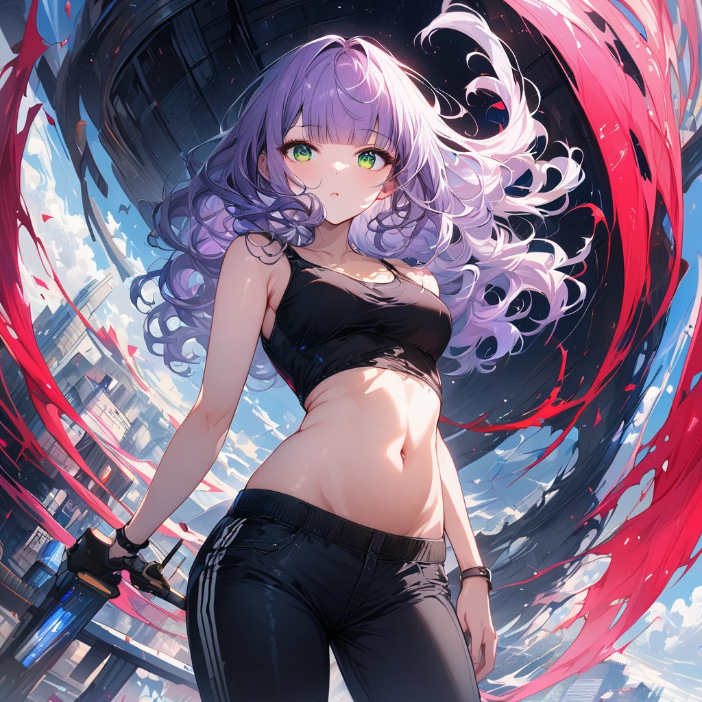 a masterpiece, beautiful eyes, a beautiful face, beautiful depiction, details, solid blue Skyscrapers background, ultra detailed, 8K, pale-purple hair, a dynamic angle, wavy hair blowing in the wind, blunt bangs hair, black and green eyes, A black tank top showing her belly button, black drawstring pants, black ballet shoes, full body shot, light coming from behind her, look at viewer,