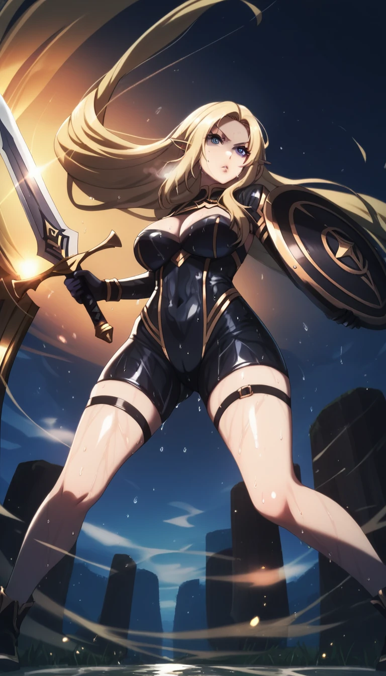 score_9, score_8_up, score_7_up, score_6_up, uncensored, Alpha, absurdly long hair, blue eyes, blonde hair, very long hair, pointy ears, lips, shiny skin, sweating, wet, wet hair, steaming body, heavy breathing, large breasts, detailed body, detailed eyes, annoyed, glaring eyes, large breasts, BREAK (masterpiece:1.2), best quality, high resolution, unity 8k wallpaper, (illustration:0.8), (beautiful detailed eyes:1.6), extremely detailed face, perfect lighting, extremely detailed CG, (perfect hands, perfect anatomy), 1girl, solo, breasts, latex body, bodysuit, sword, holding sword, shield, hodling shield, field, bokeh, hair flowing over, white_legwear, hollow eyes, bright pupils,