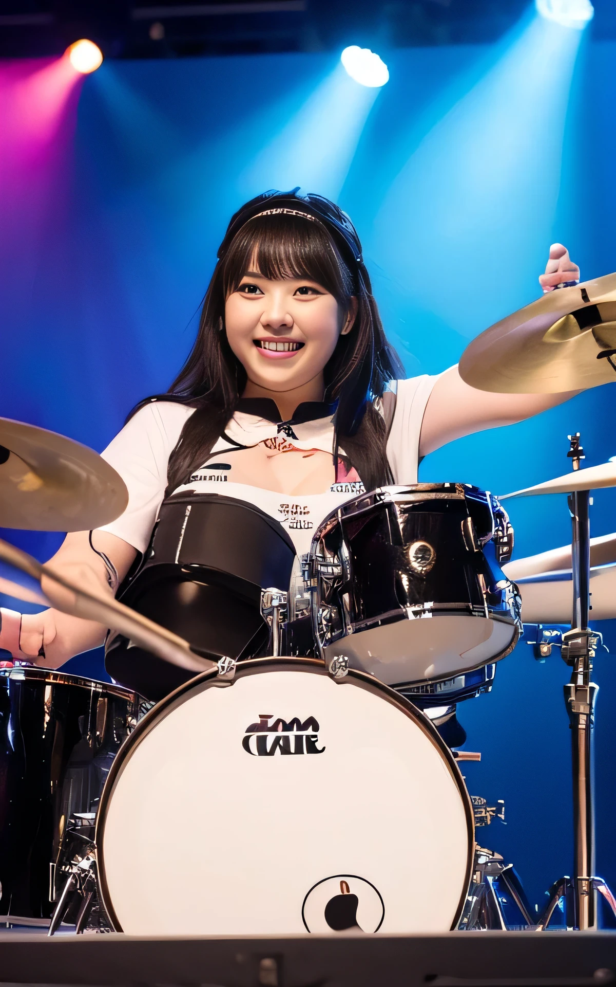 ((8K)), highest quality, 超High resolution, (Surreal)、(High resolution), 1 girl, idol, ((idol clothing)), ((smile)), Overweight, extremely fat, ((Chubby)), drums, on stage, playing the drums. The drum set includes a bass drum, snare drum, toms, floor toms, hi-hat, crash cymbals, ride cymbals, and a china cymbal.