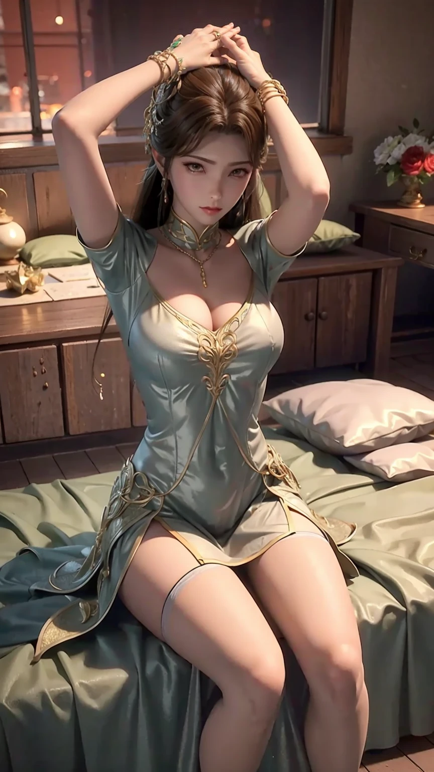
(((1 girl)),Ray tracing,(Dim Lights),[Detailed background (bedroom)),((Slim Girl))) Starry sky background，((((Girls wear dresses, With transparent stockings), Show off your exquisite figure and graceful curves, correct limbs, Sitting on the bed，Put your hands behind your head, Put your hands behind your head