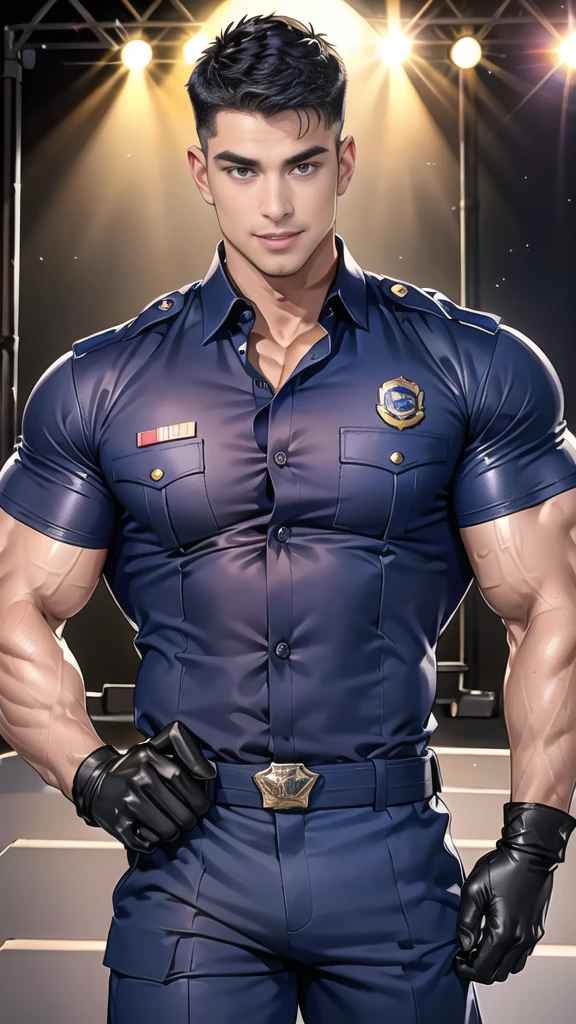 handsome man,(crew cut short hair:1.2),black eye,smile,open mouth (navy police uniform and t-shirt:1.2),(open shirt short sleeves:1.2),collar,(shirt covered over:1.2),(name tag and Police badge:1.2),(shirt no buttons:1.1),(black_gloves:1.3), (Navy blue cargo:1.2),Korean guy,korean men,(High gloss details),(chest muscles:1.2),(large arm muscles:1.2),blood vessel,Big muscles,Broad shoulders,looking at the audience,Balancing the eyes,middle of the road,(stage:1.4)